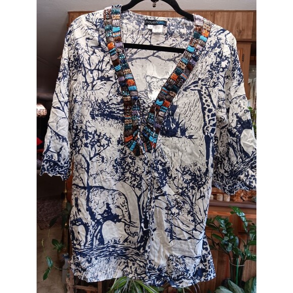 Vintage Haven Bleu size S hippie boho beaded batik rayon blouse - Picture 1 of 3